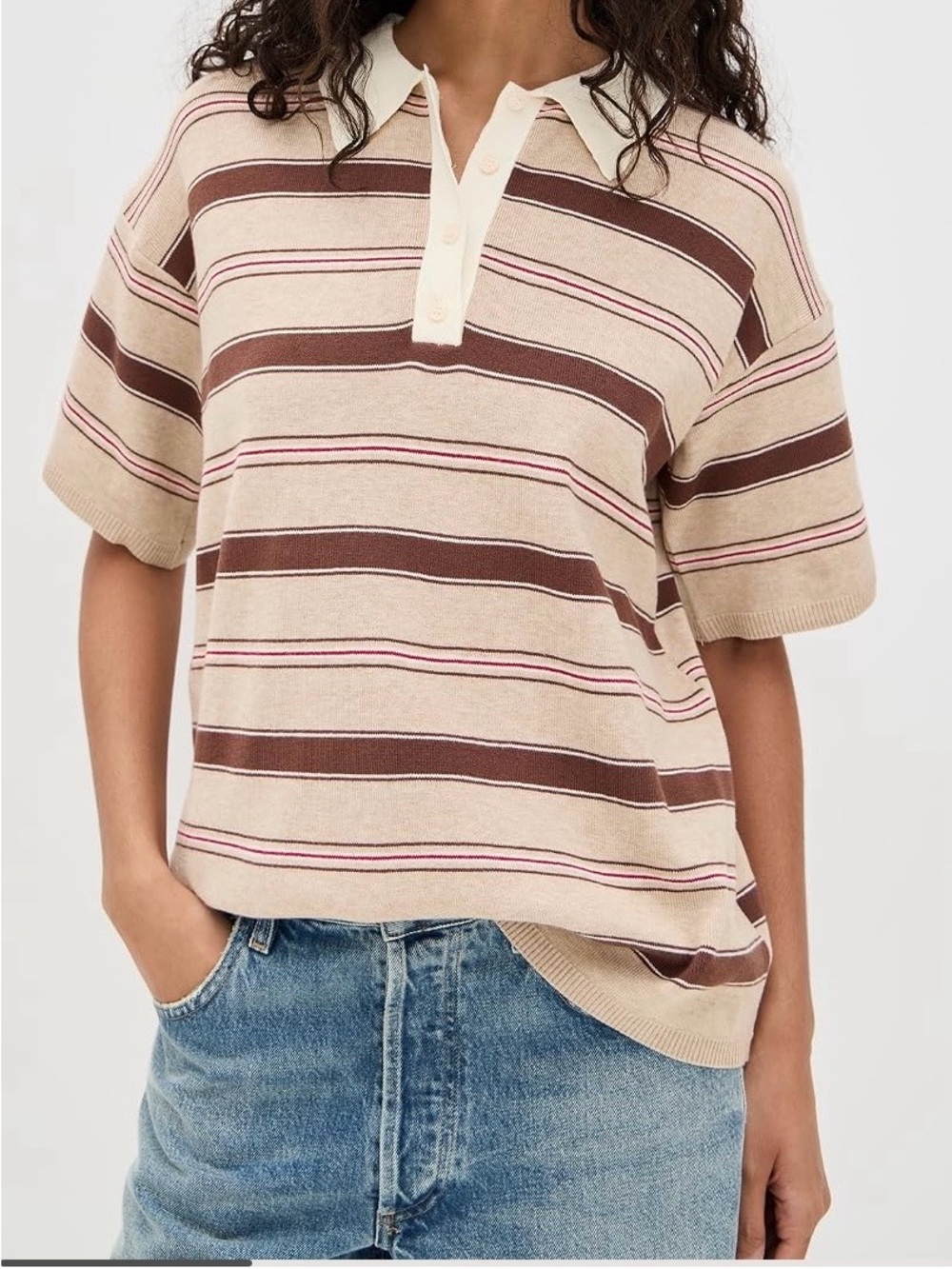 Bailey Rose Striped Polo Knit Top in Beige and Brown